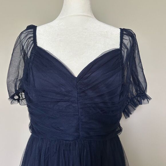 Lulus Glorious Chicness Navy Tulle Pleated Puff Sleeve Midi Dress Medium New - Picture 3 of 13